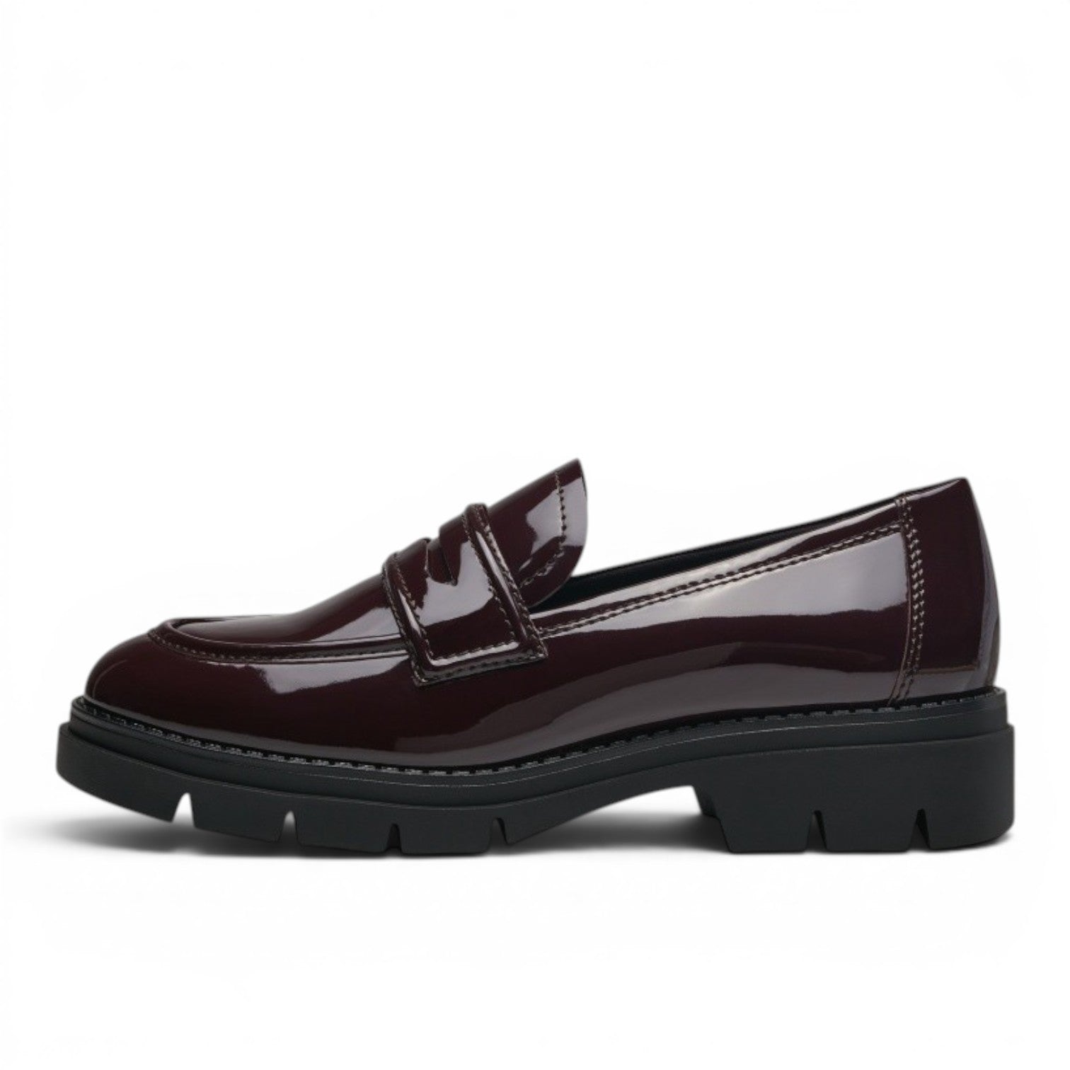 My Store Tamaris burgundy patent synthetic loafers with buckle detail and thick sole.