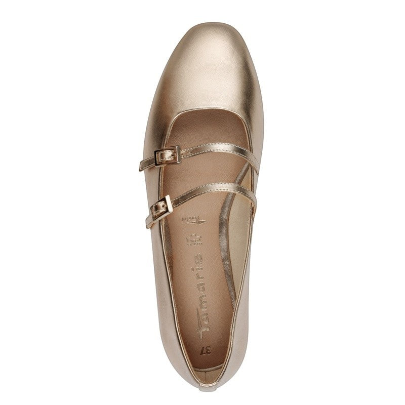 My Store Tamaris gold leather ballet flats with double buckle straps and square toe.