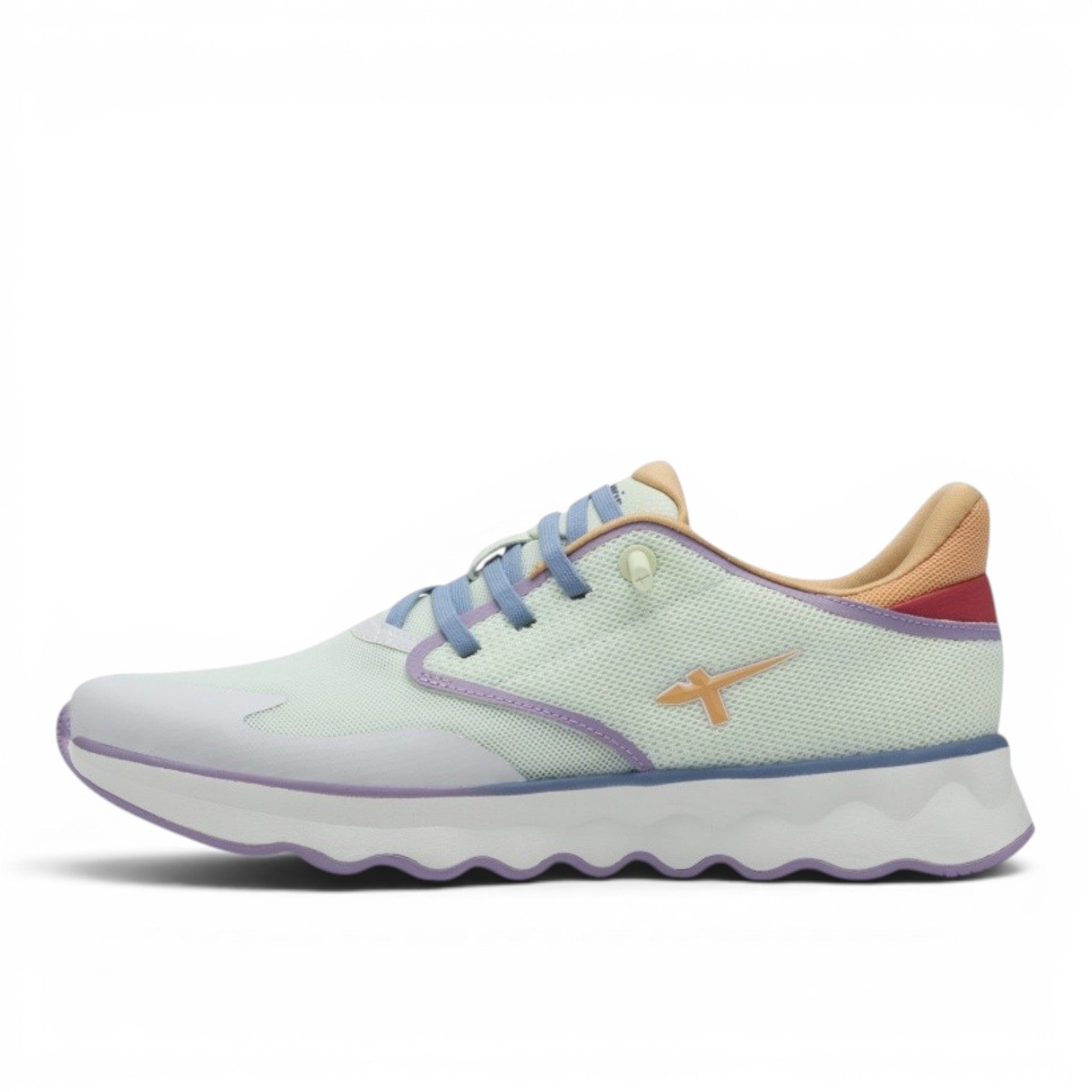 My Store Tamaris light green textile sneakers with purple and orange accents, featuring a breathable mesh upper and a thick, wavy rubber sole.