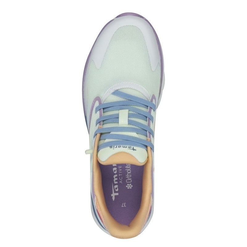 My Store Tamaris women's light green textile sneakers with purple and blue accents and a thick rubber sole.