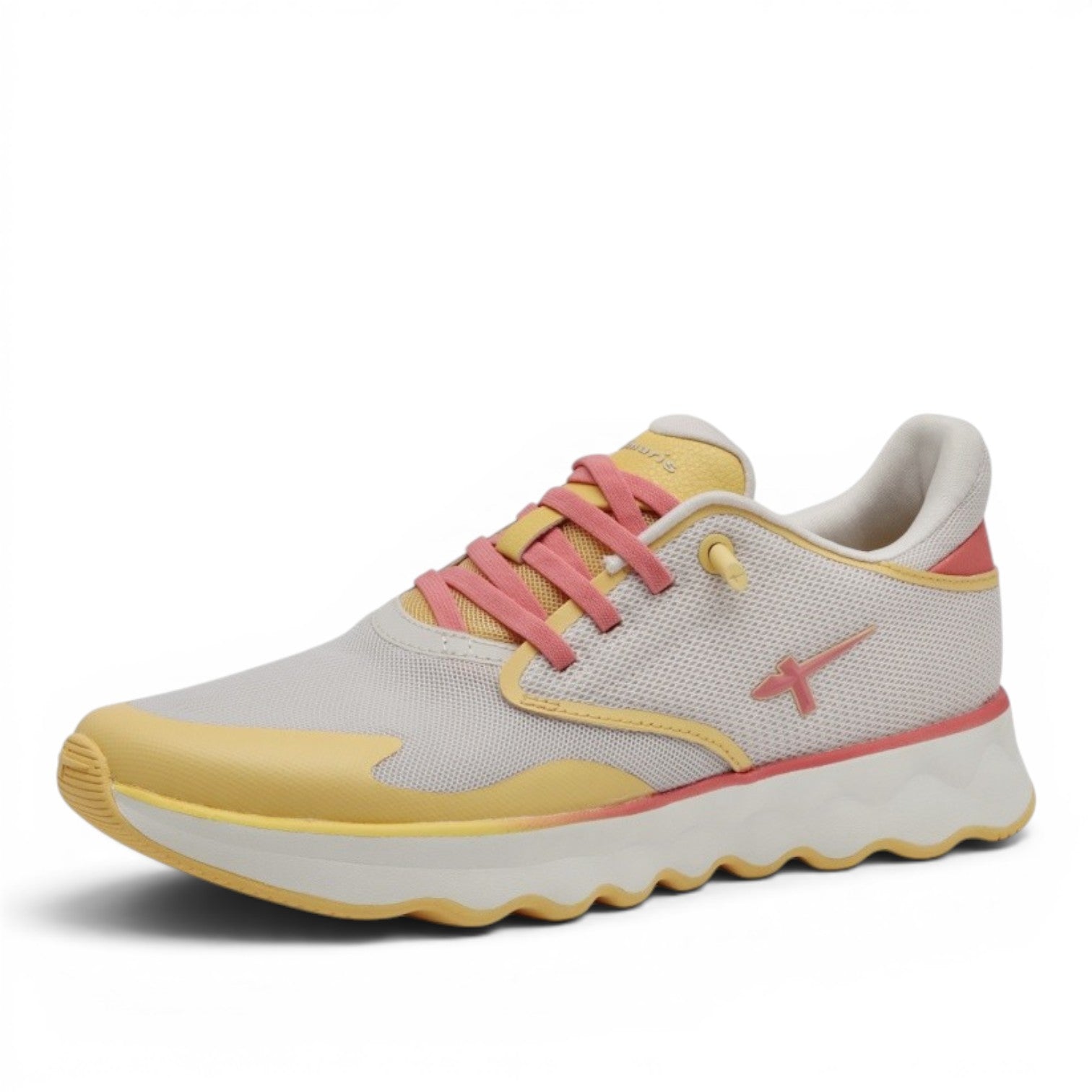 My Store Tamaris light grey mesh sneakers with yellow and pink accents, lace-up closure, and rubber sole.
