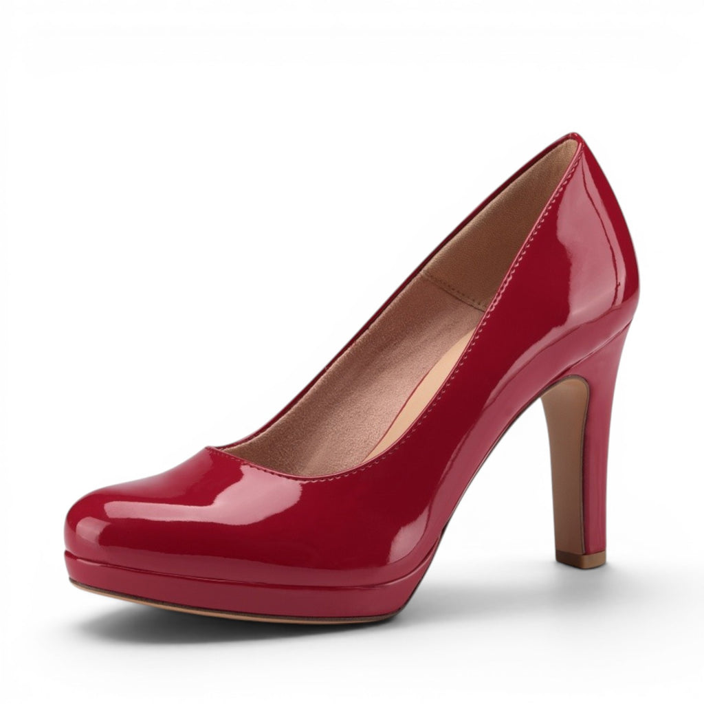 My Store Tamaris red synthetic patent leather platform pump with a 9cm heel.