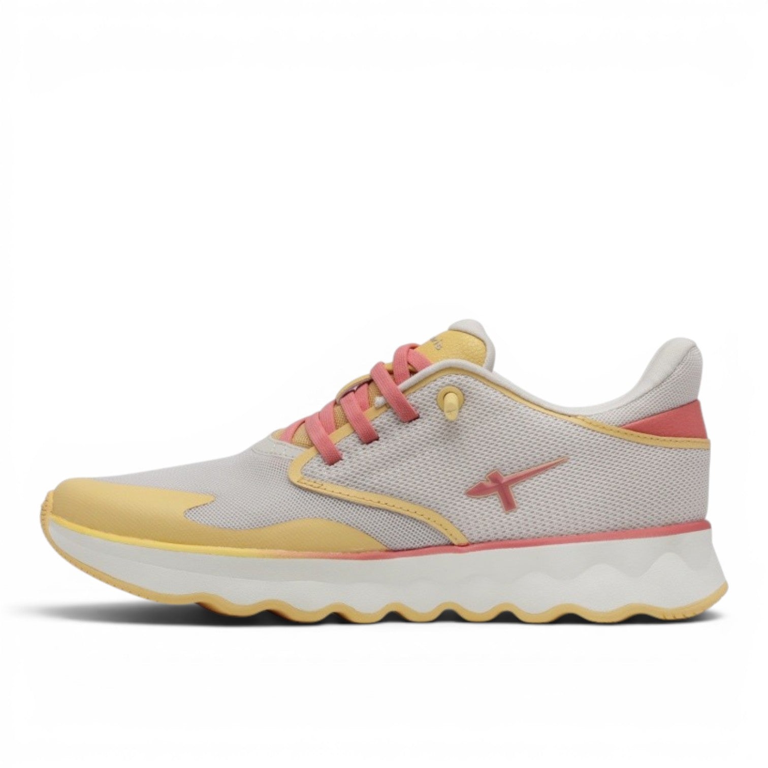 My Store Tamaris light grey textile sneakers with yellow and pink accents, mesh upper, and rubber sole.