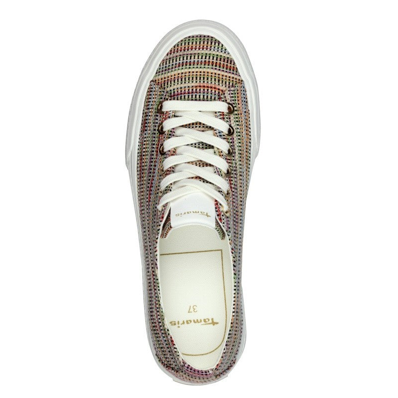 My Store Tamaris women's colorful striped textile sneakers with white laces and a thick rubber sole.