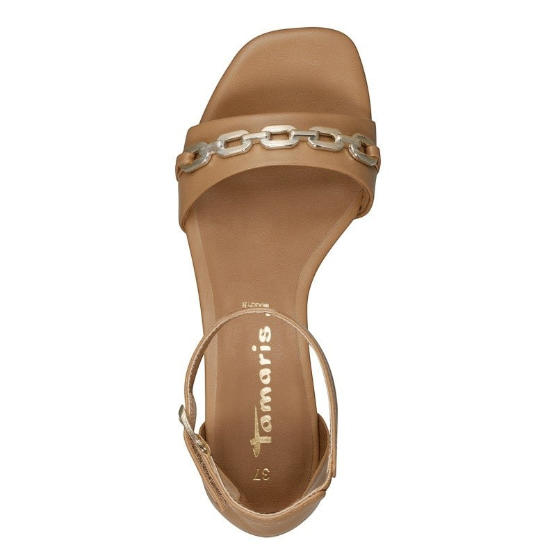 My Store Tamaris women's tan synthetic ankle strap sandals with chain detail and 4.5cm heel.