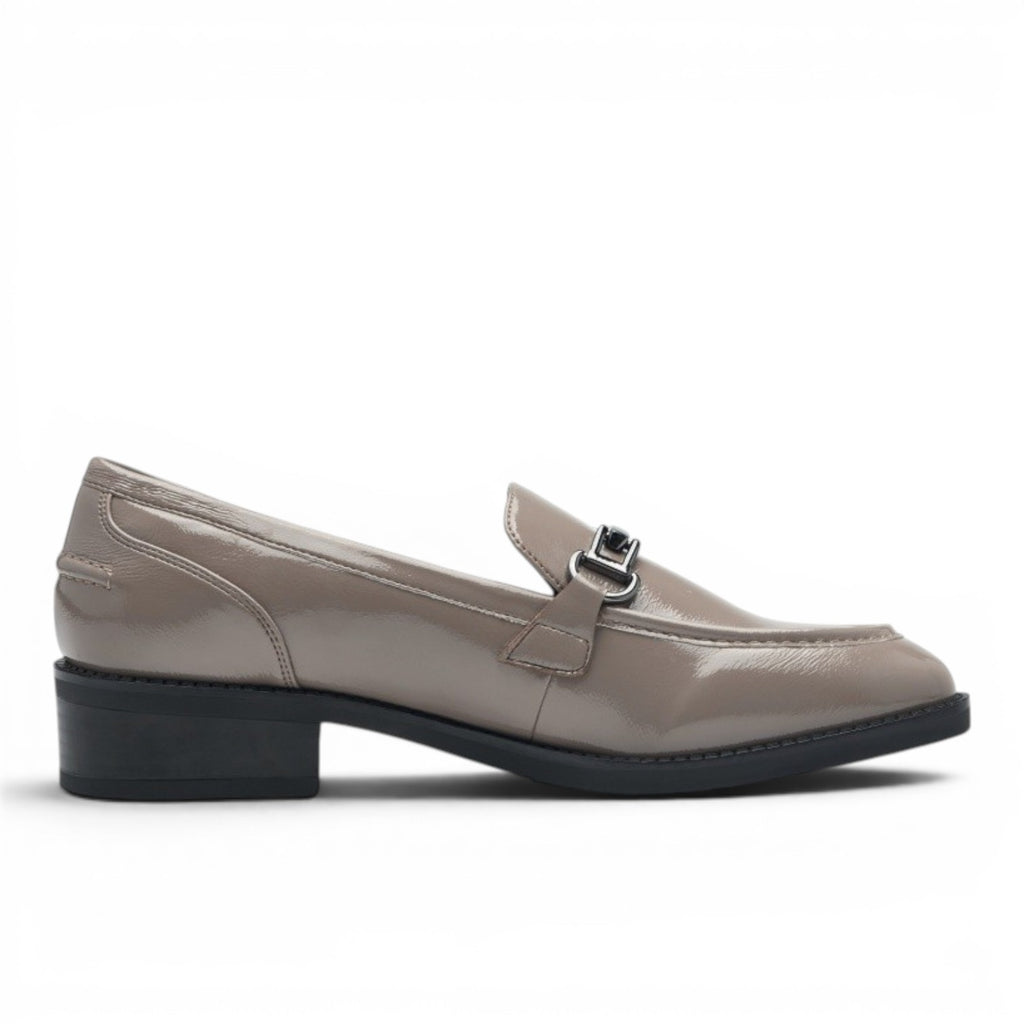 My Store Tamaris taupe patent slip-on loafers with a 3.5cm block heel and silver hardware detail.