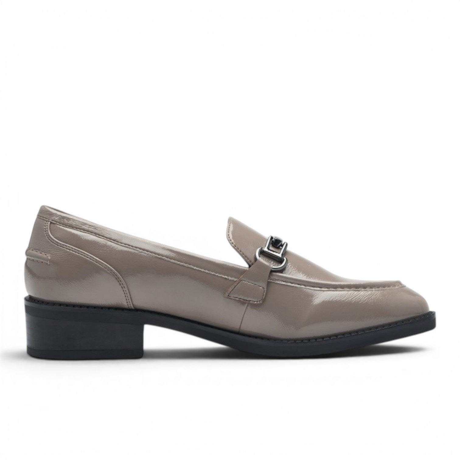 My Store Tamaris taupe patent slip-on loafers with a 3.5cm block heel and silver hardware detail.