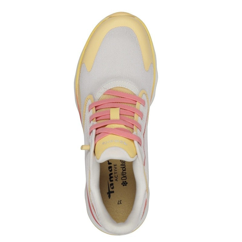 My Store Tamaris white and yellow mesh sneakers with pink laces and a thick rubber sole.