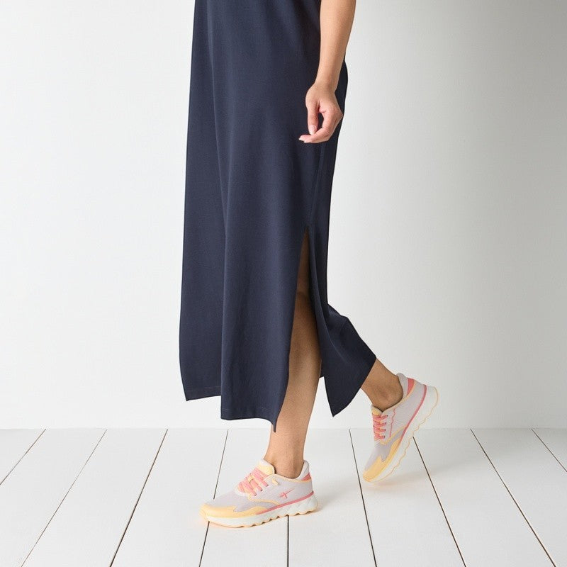 My Store Tamaris women's low-top sneakers in light grey with pink and yellow accents, featuring a textile upper and rubber sole.
