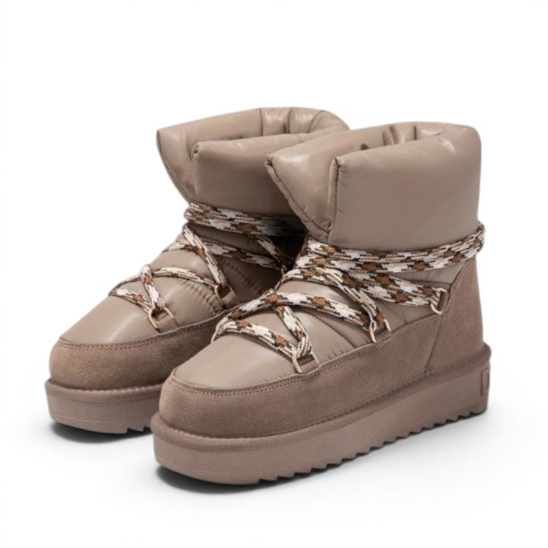My Store Nordic Nova Low Bomb taupe vegan leather and suede winter boots with thick soles and patterned laces.