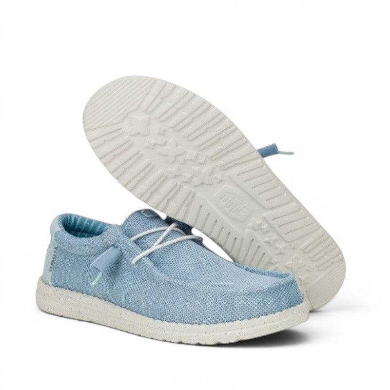 My Store Wally Stretch Sox light blue knit slip-on shoes with white laces and a speckled sole.