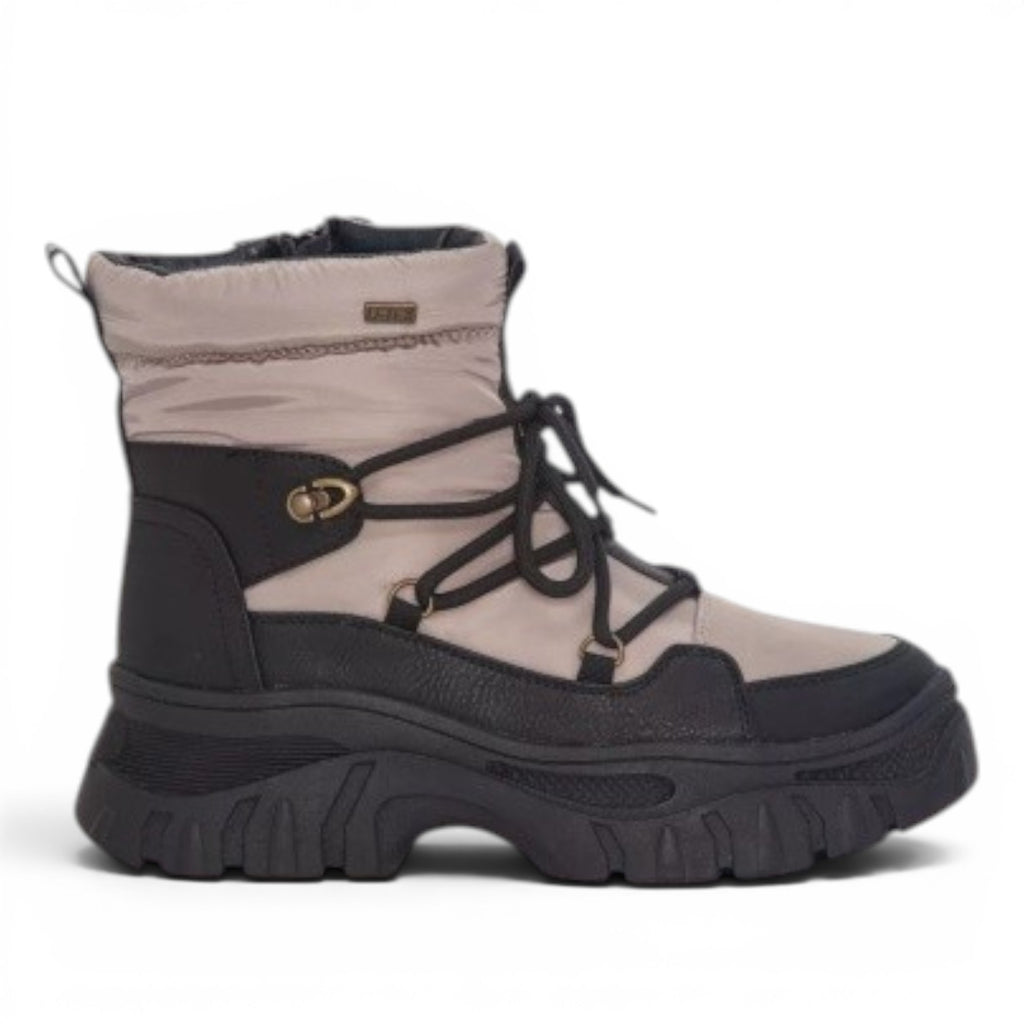 My Store beige and black waterproof winter boots with lace-up front and side zip. Warm synthetic lining.