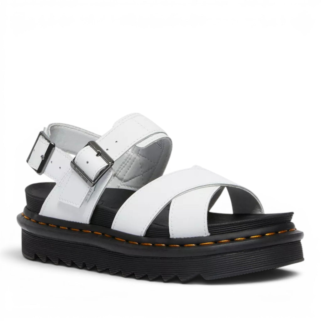 My Store white leather Dr. Martens Voss II Hydro sandals with criss-cross straps and adjustable ankle buckle.