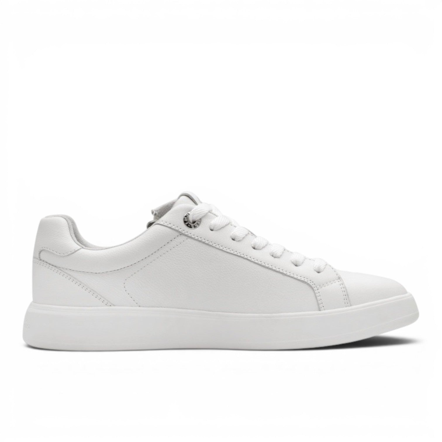 My Store white leather low-top sneakers with lace-up closure and side zipper detail.
