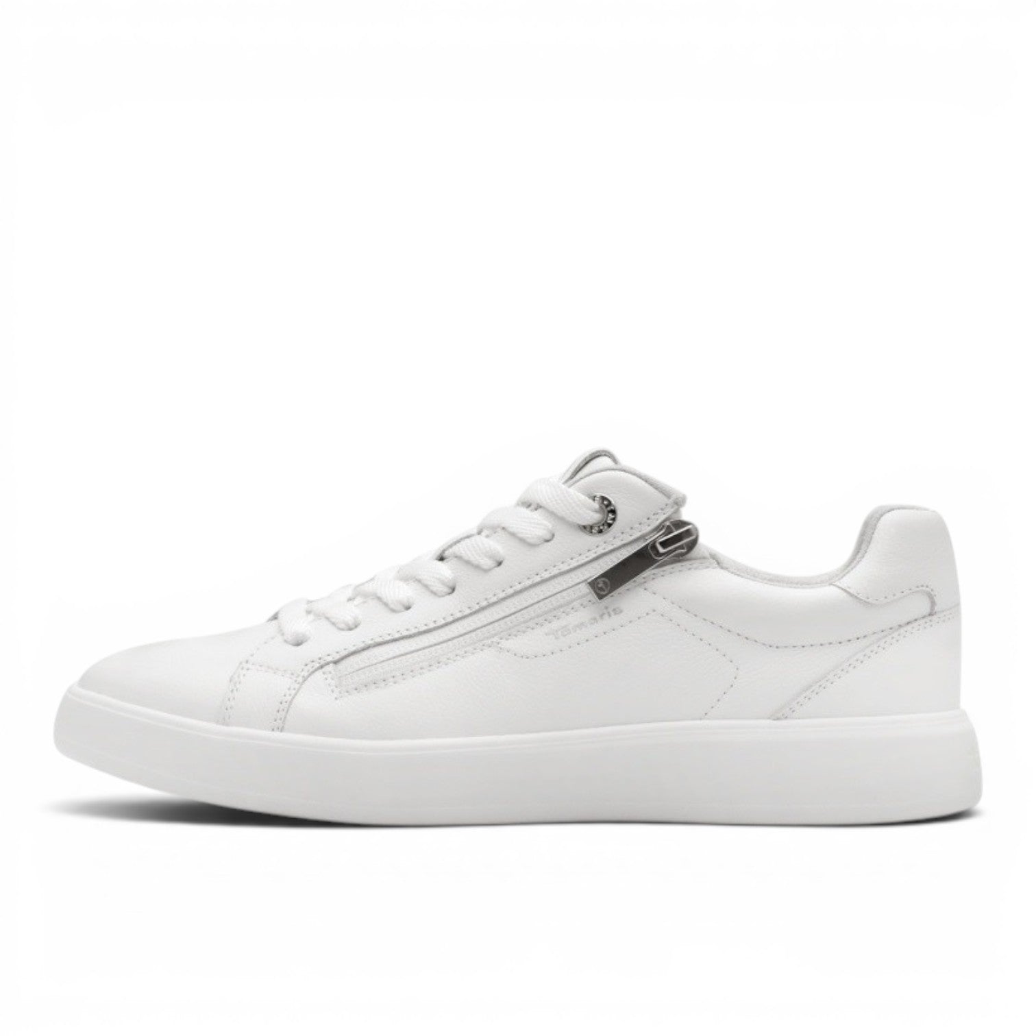 My Store white leather low-top sneakers with side zipper and lace-up closure.