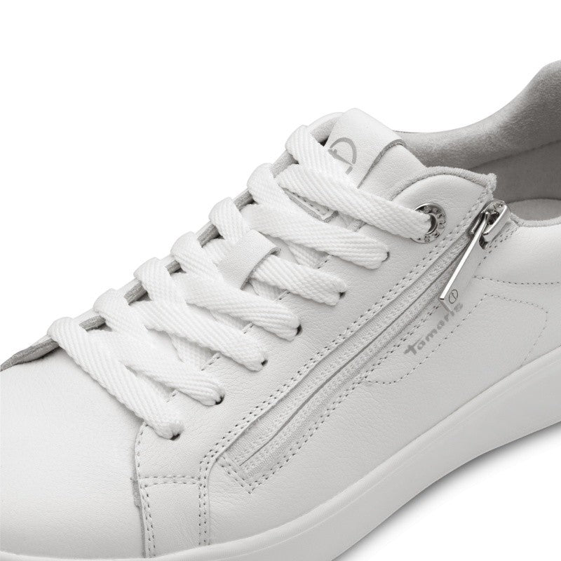 My Store white leather sneakers with side zipper and laces, featuring a textile and synthetic lining.