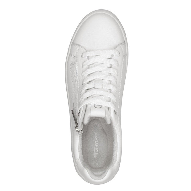 My Store white leather sneakers with side zipper and laces, comfortable textile/synthetic lining.
