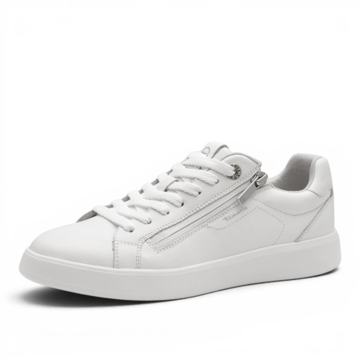 My Store white leather low-top sneakers with side zipper and lace-up closure.