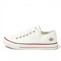 My Store white textile low-top sneakers with red trim and silver logo detail.