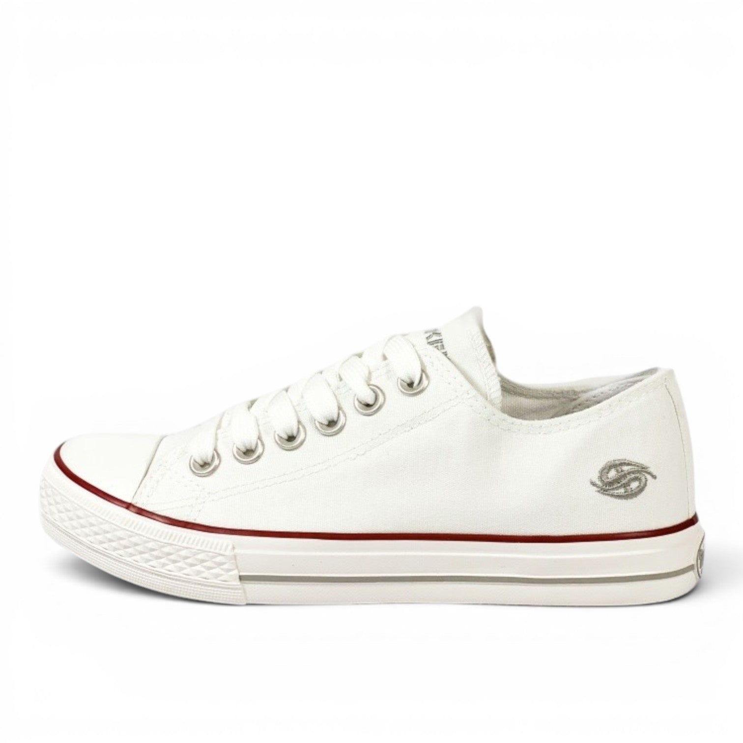My Store white textile low-top sneakers with red trim and silver logo detail.