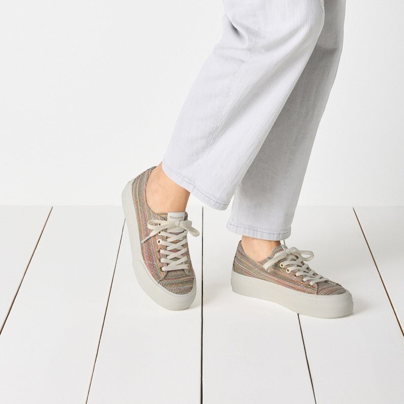 My Store women's colorful plaid textile low-top sneakers with white laces and thick rubber sole.