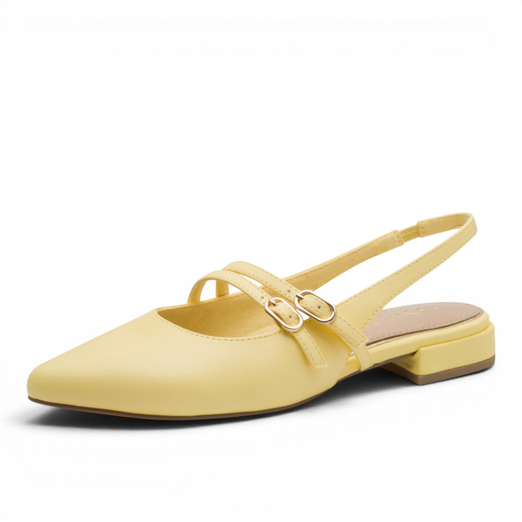 My Store yellow synthetic slingback flats with double strap detail and buckle closure.