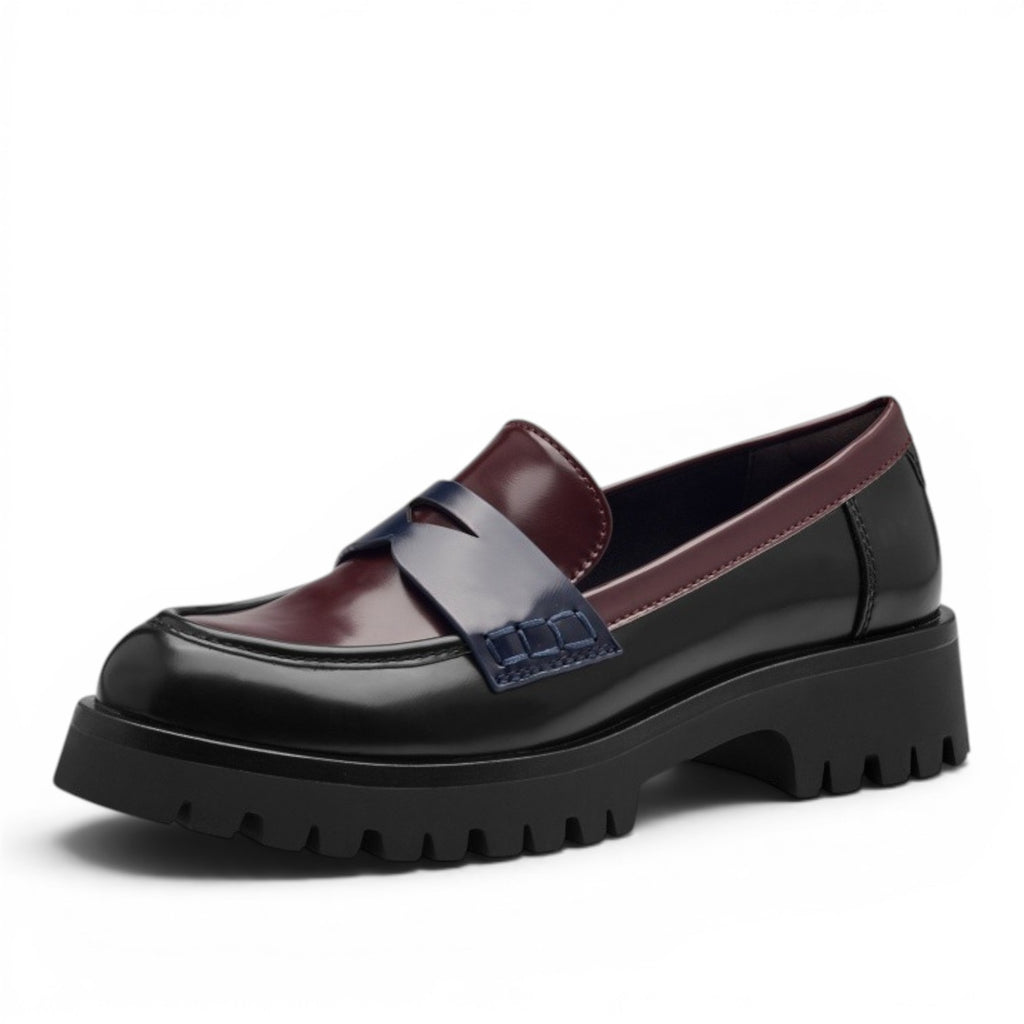 My StoreHere black and burgundy synthetic loafers with navy blue strap detail and chunky sole.