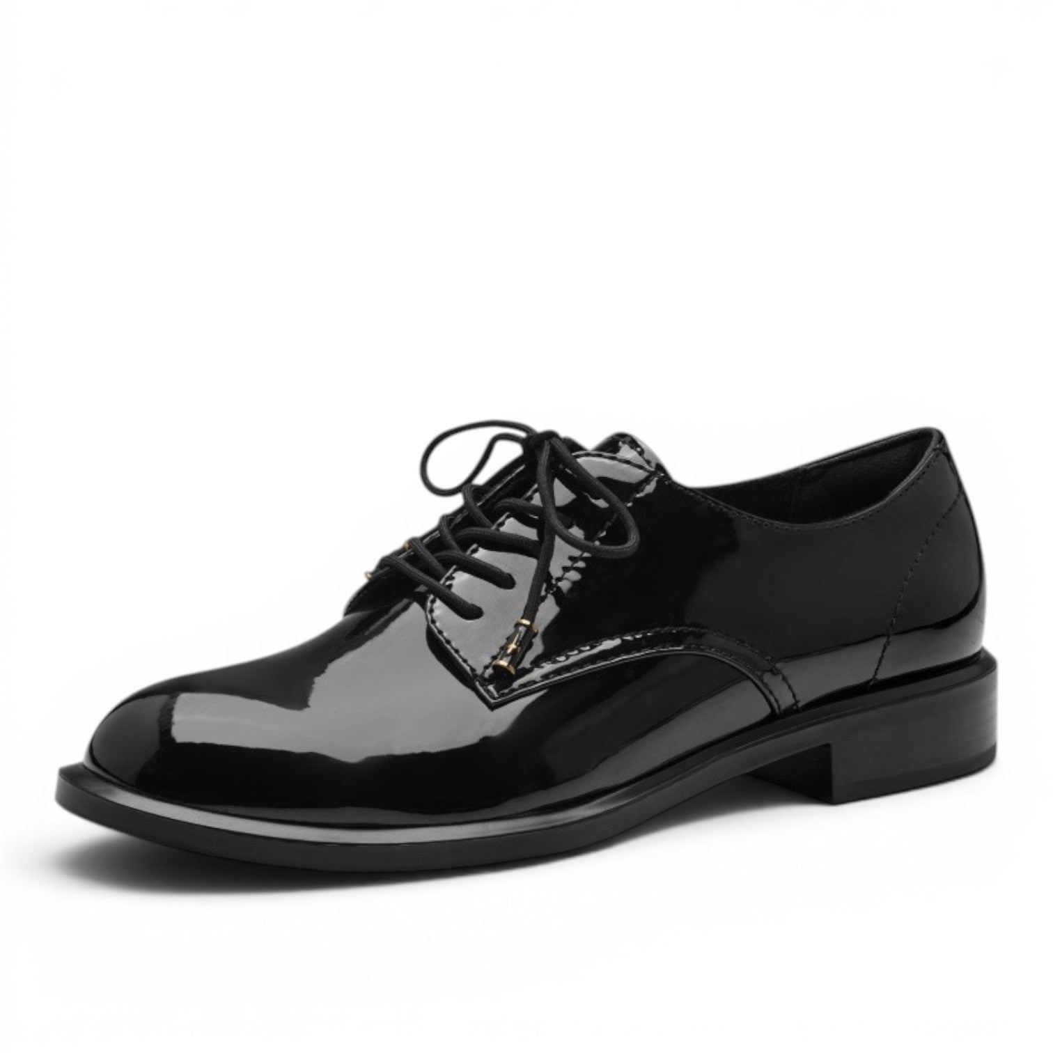 My StoreHere black patent synthetic lace-up oxford shoes with a low heel and rubber sole.