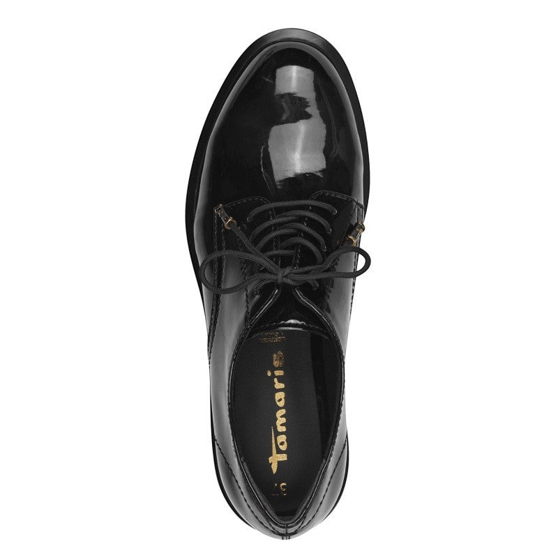 My StoreHere black patent synthetic lace-up oxfords with textile/synthetic lining and rubber sole.