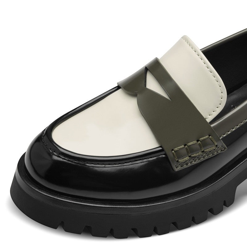My StoreHere black and white synthetic slip-on loafers with a chunky sole and decorative strap.