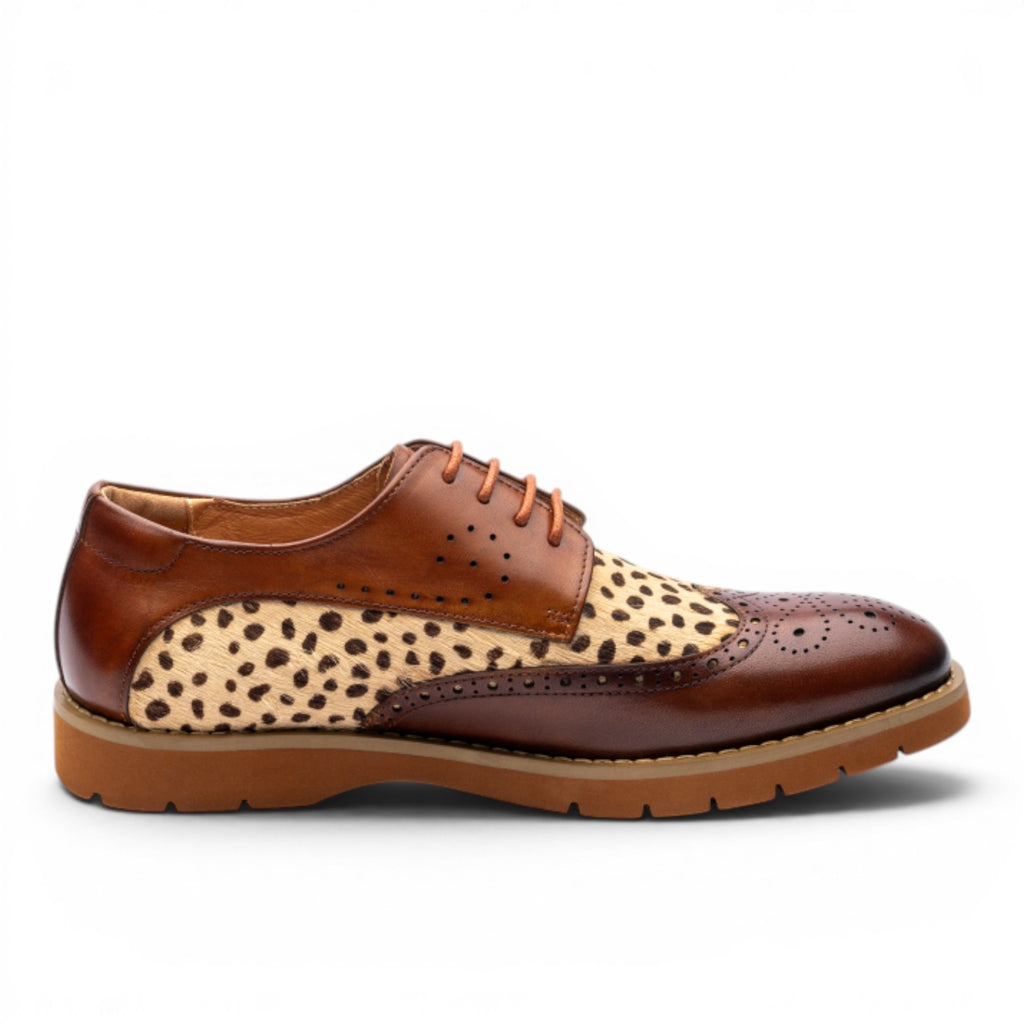 ShoeShop Uncle Paul MATHILDA brown leather wingtip shoes with leopard print accent and perforations.