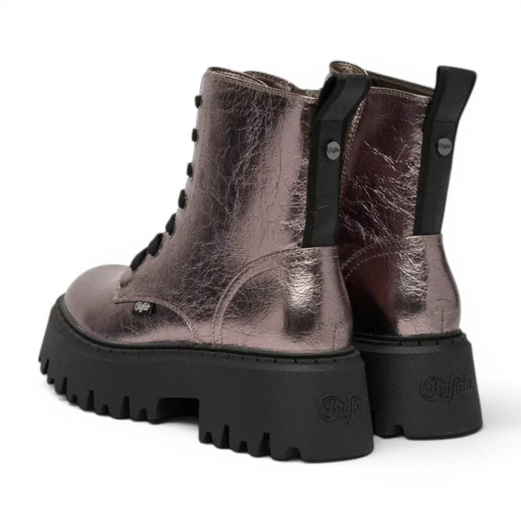 Buffalo Aspen Lace Up Mid boots in metallic rose gold with black laces and a chunky black sole.
