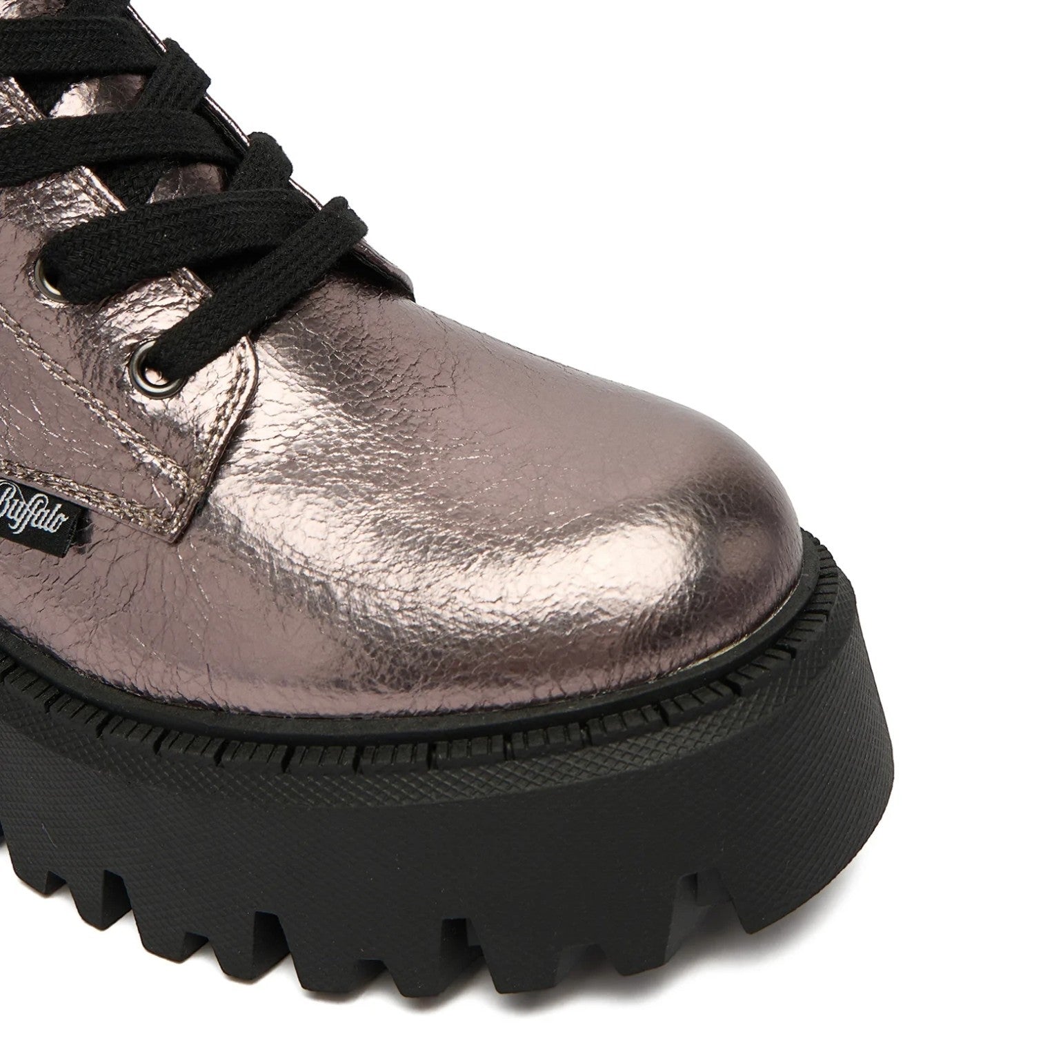 Buffalo Aspen Lace Up Mid boots in rose gold metallic leather with black laces and a thick black lug sole.