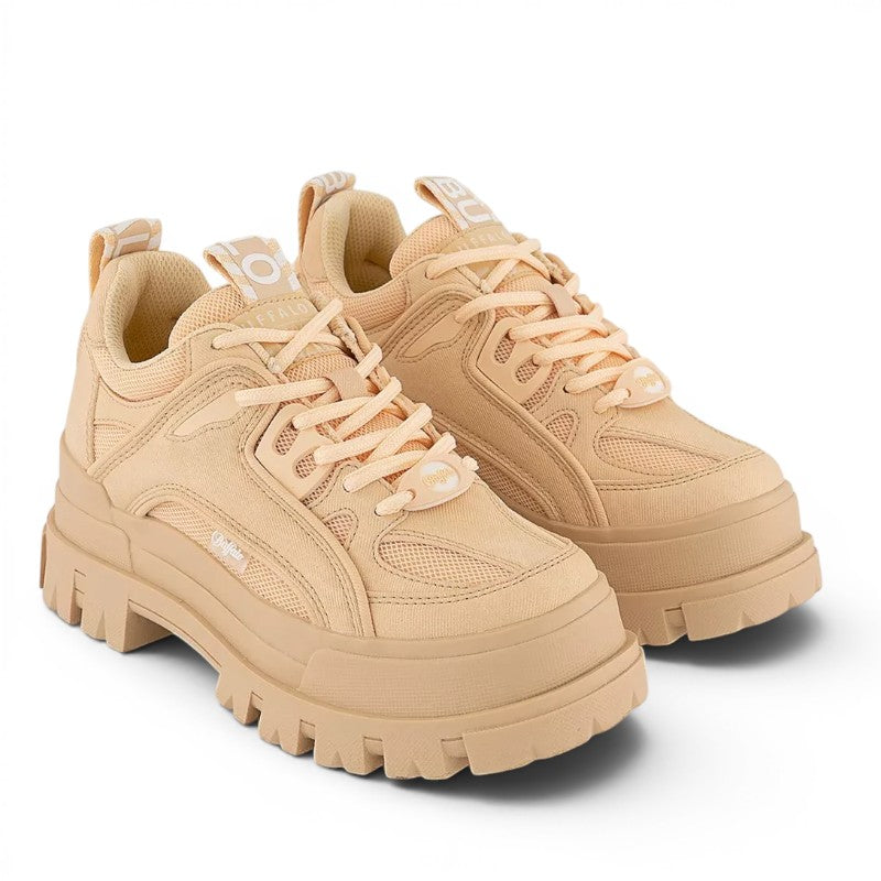 Buffalo 1622108 Aspha HYB beige canvas and mesh platform sneakers with chunky sole.