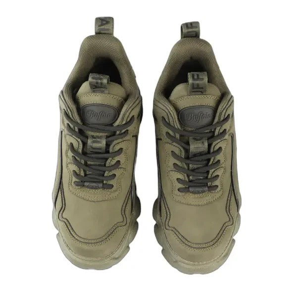 Buffalo khaki green chunky sole sneakers with lace-up closure and logo detail on tongue.