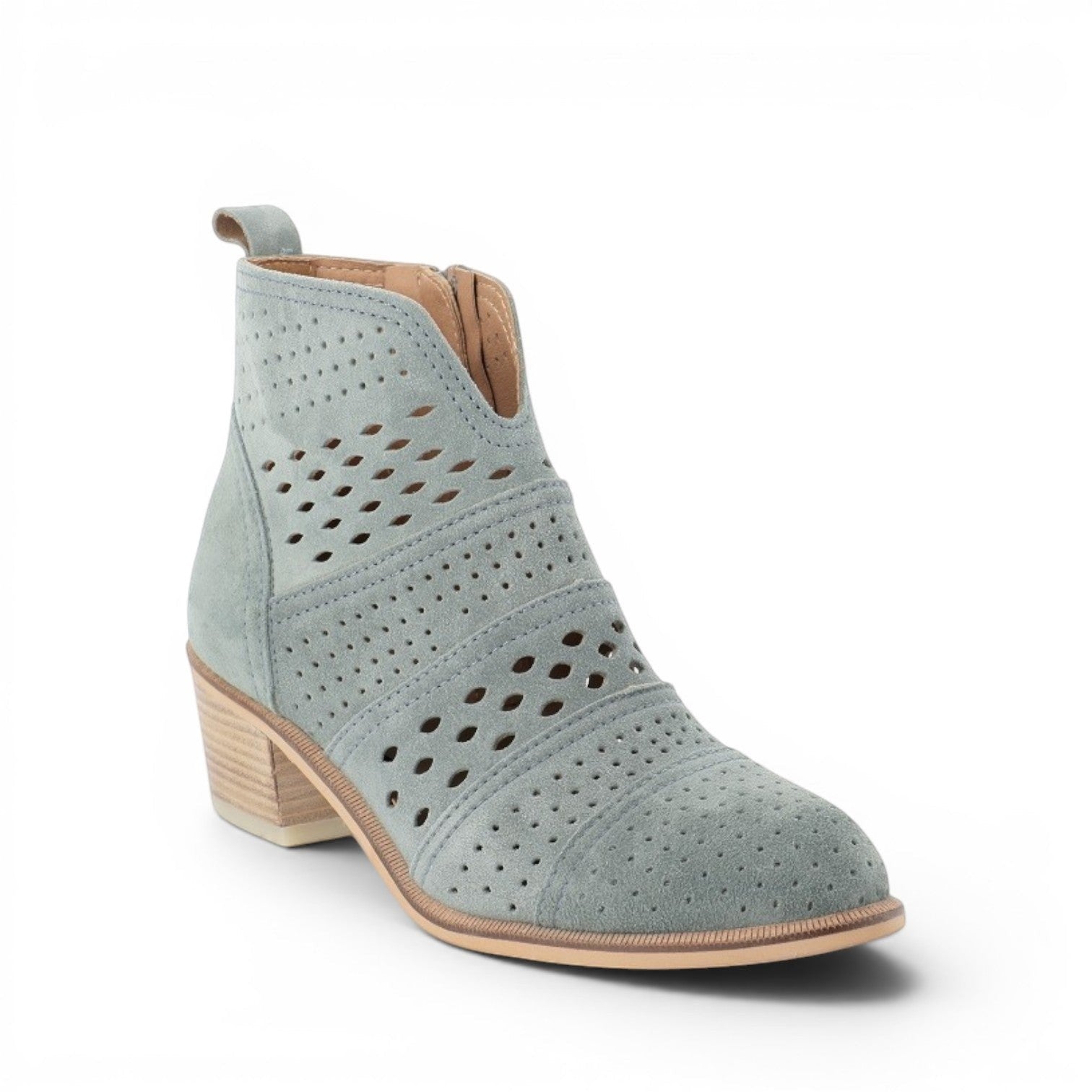 ShoeShop grey suede perforated ankle boots with a block heel and side zipper
