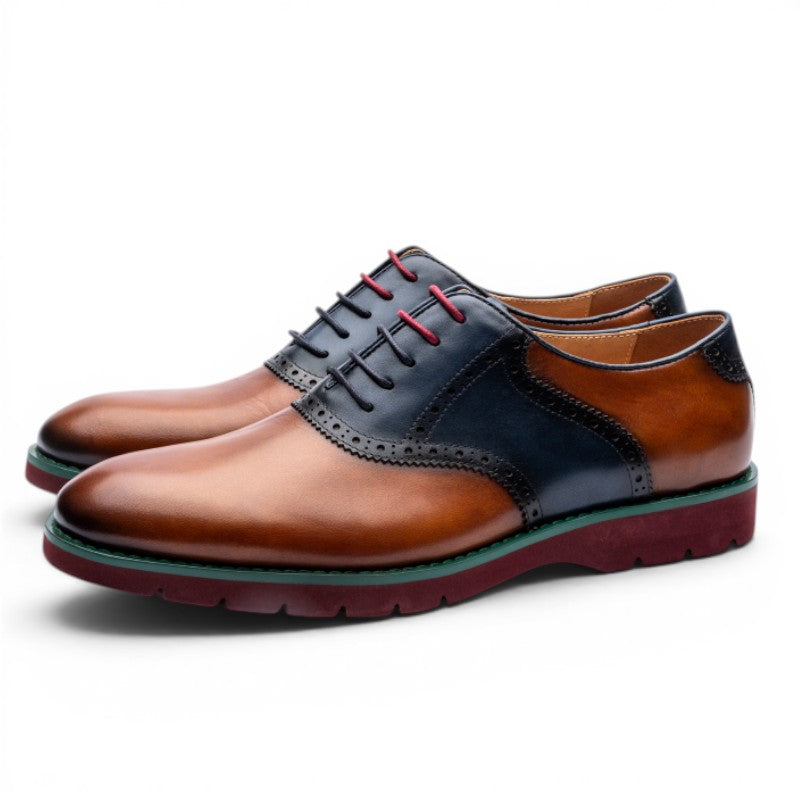 ShoeShop Uncle Paul ALAR men's brown and navy leather saddle shoes with red laces and a burgundy sole.