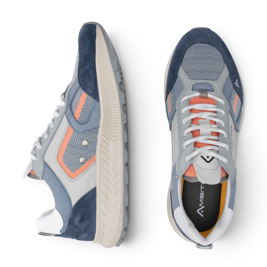 ShoeShop Ambitious 13320 men's sneakers in grey, blue, and orange leather and textile with Michelin sole.