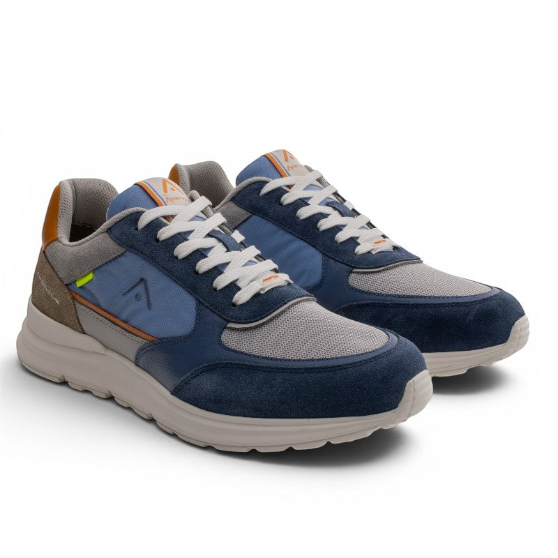 ShoeShop Ambitious 13571E men's sneakers in navy blue, grey, and tan leather and textile with EVA sole.