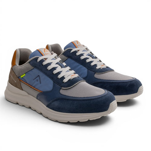 ShoeShop Ambitious 13571E men's sneakers in navy blue, grey, and tan leather and textile with EVA sole.