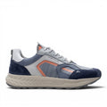 ShoeShop Ambitious Venture sneakers with navy, grey, and orange accents. Leather and textile upper with Michelin sole.