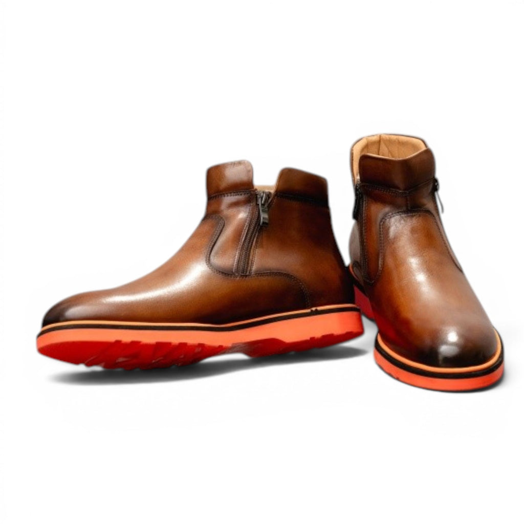 ShoeShop Uncle Paul ARNO brown leather winter boots with sherpa lining and orange EVA sole, featuring side zippers.