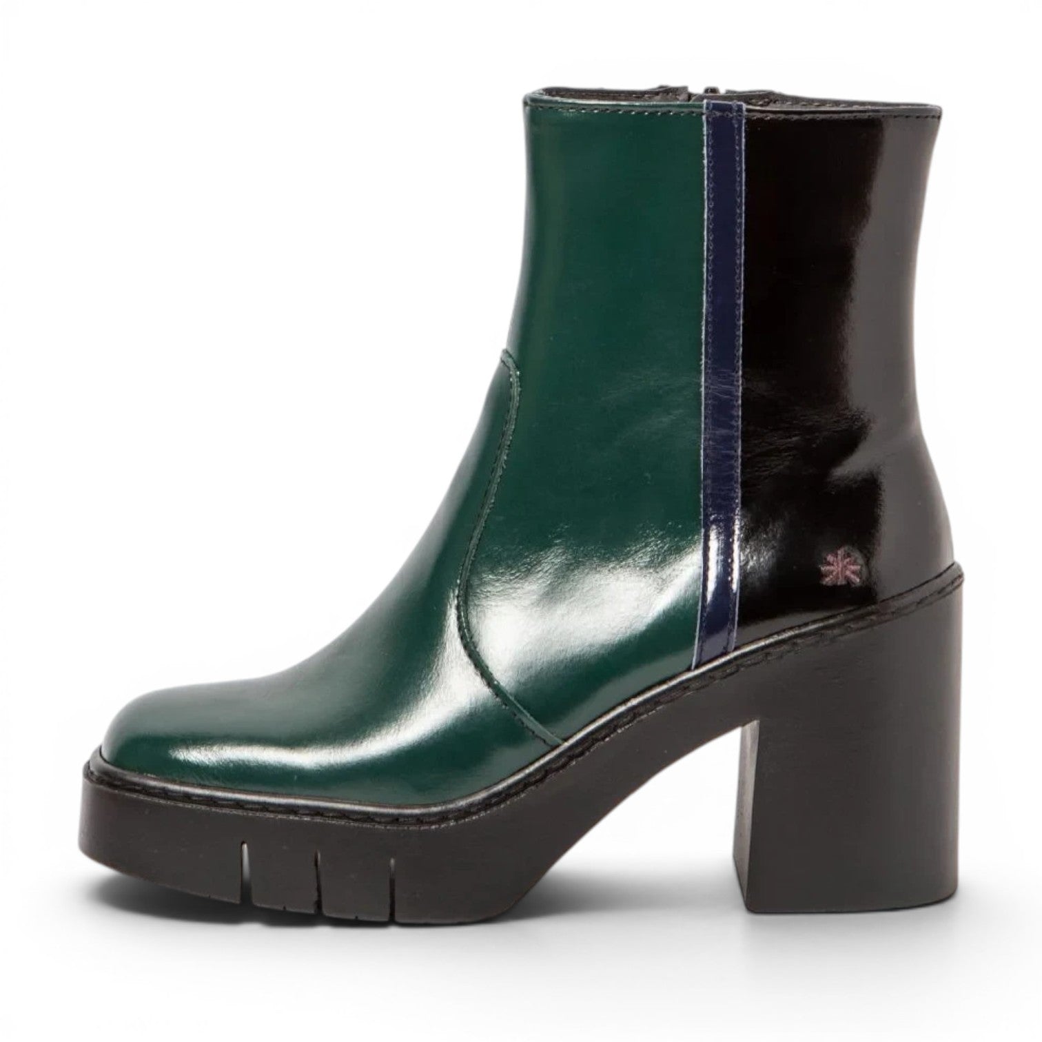 ShoeShop ART 1974 Berna ankle boots in green and black patent leather with a 9cm block heel and side zip.