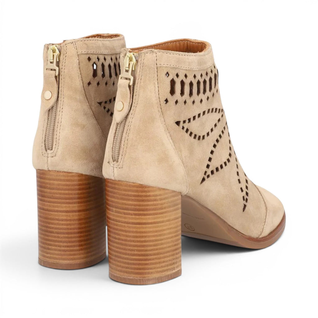 ShoeShop beige suede ankle boots with cut-out details and a wooden block heel.