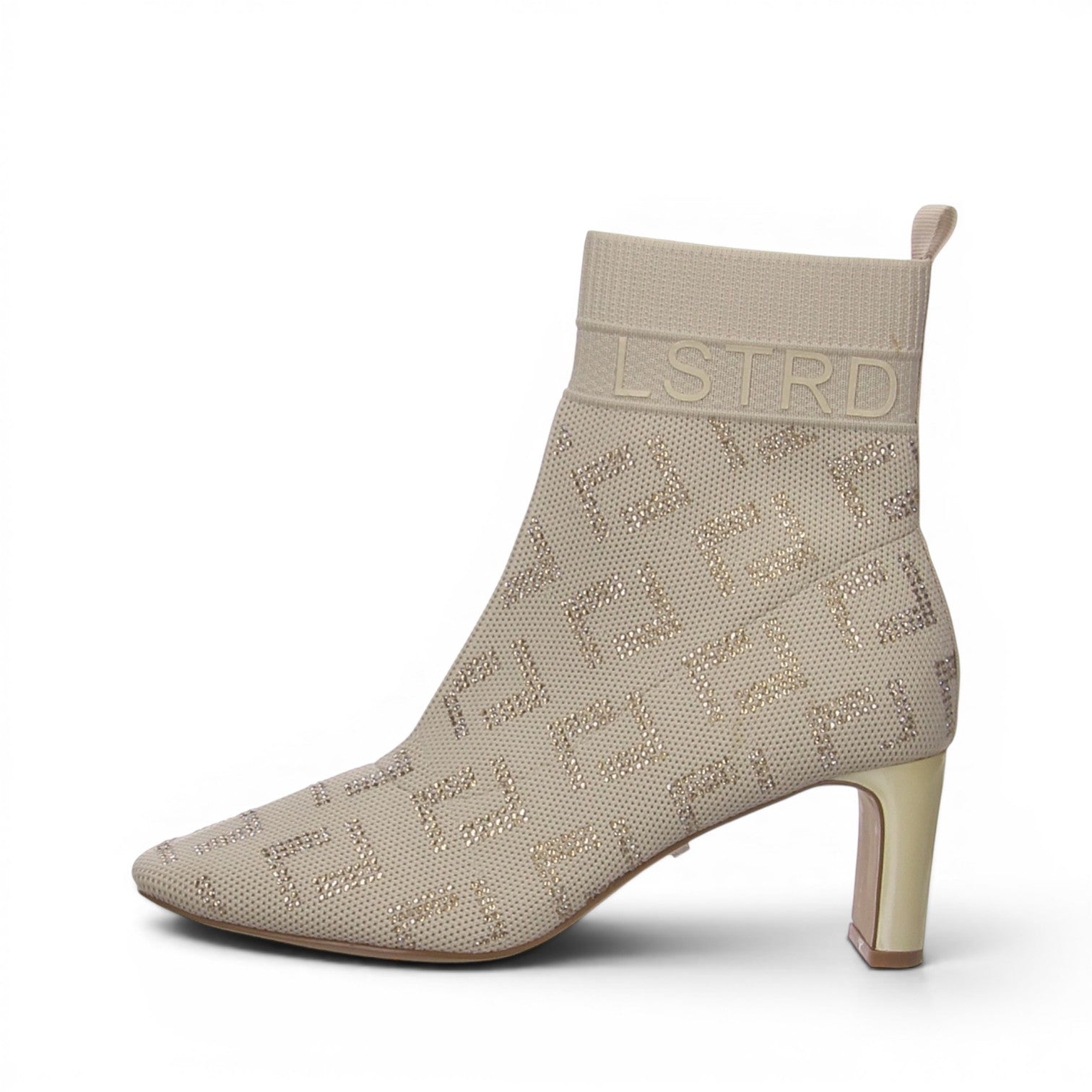 ShoeShop beige textile ankle boots with all-over logo pattern and 6cm block heel.