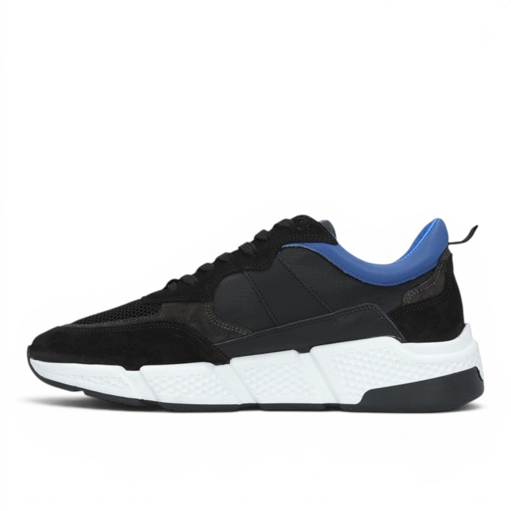 ShoeShop black and blue suede and mesh sneakers with a chunky white sole.