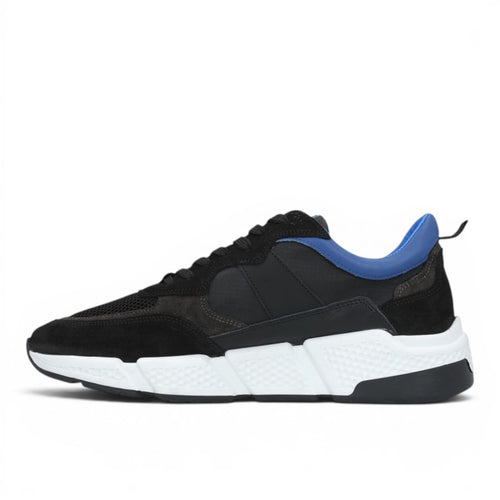 ShoeShop black and blue suede and mesh sneakers with a chunky white sole.