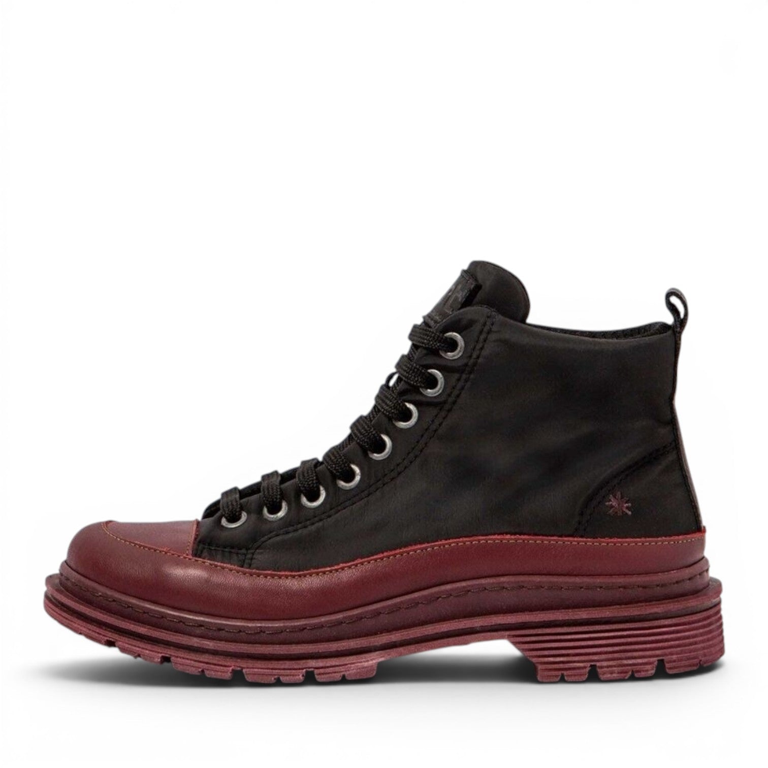 ShoeShop black nylon and burgundy leather lace-up boots with a thick lug sole and removable microfibre insole.