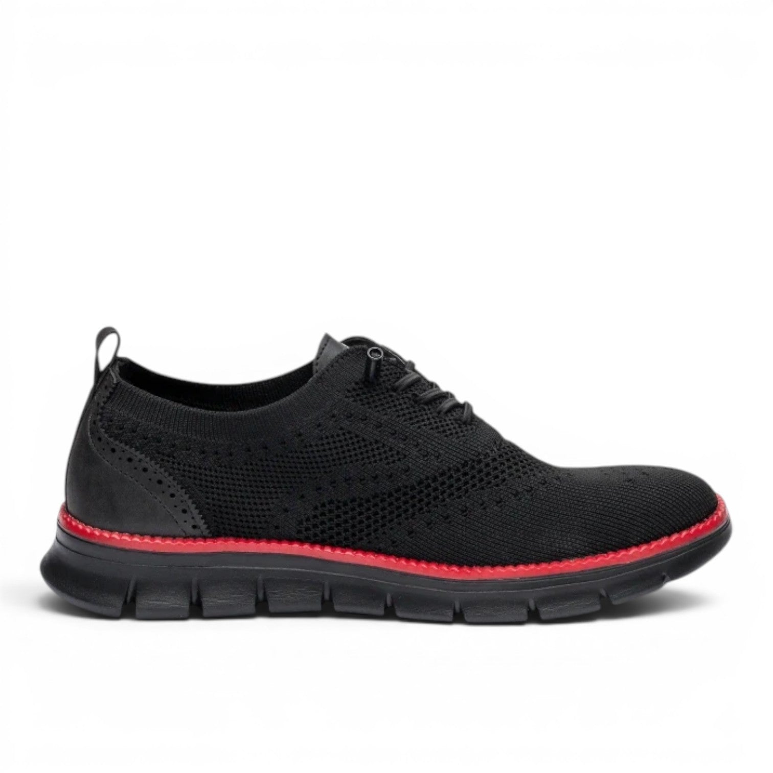 ShoeShop black knit oxford shoe with brogue details and red sole trim. Breathable, flexible, and comfortable.