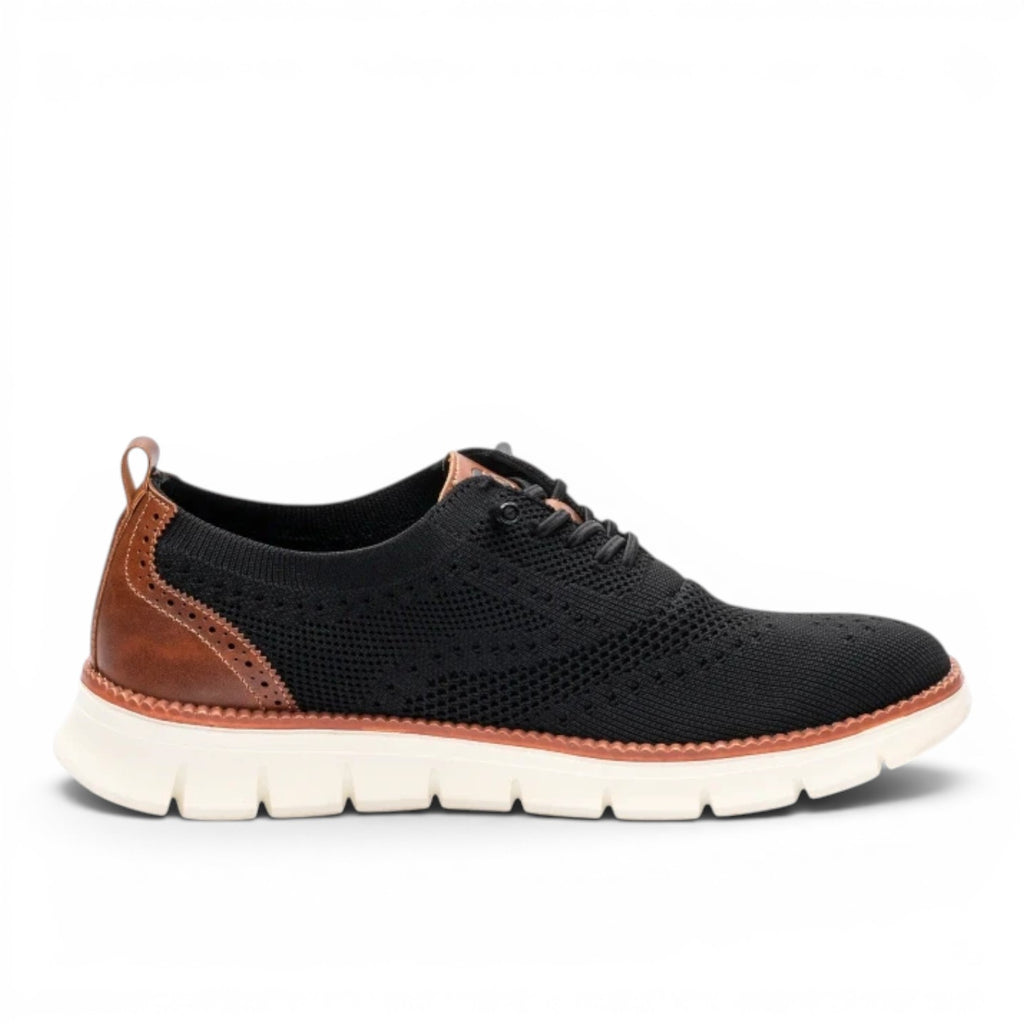 ShoeShop black knit oxford shoe with brown leather accents and white sole. Features brogue detailing and a pull tab.